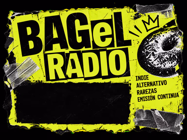 Cartel amarillo y negro de BAGeL Radio